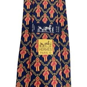 Hermes Mens Tie Award Ribbons Navy/Red/Gold Silk 716 FA 3.5" (W) x 55.5" (L) euc